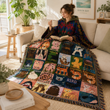Blue-green Warm Hooded Poncho Shawl and Animal Pattern Throw Blanket Set for Sofa, Bed and Winter Lounging
