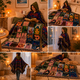Blue-green Warm Hooded Poncho Shawl and Animal Pattern Throw Blanket Set for Sofa, Bed and Winter Lounging - Side View