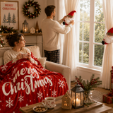 Christmas Flannel Throw Blanket and Santa Curtain Tieback Set, 150x200cm Thick Fleece Sofa Blanket with 2 Plush Santa Velcro Curtain Holders for Holiday Home Decor - Front View