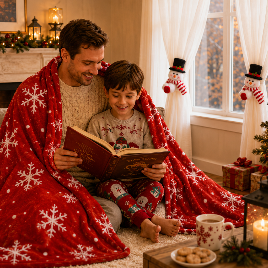 Christmas Flannel Throw Blanket and Snowman Curtain Tieback Set, 150*130cm Thick Fleece Sofa Blanket with 2 Plush Snowman Velcro Curtain Holders for Holiday Home Decor