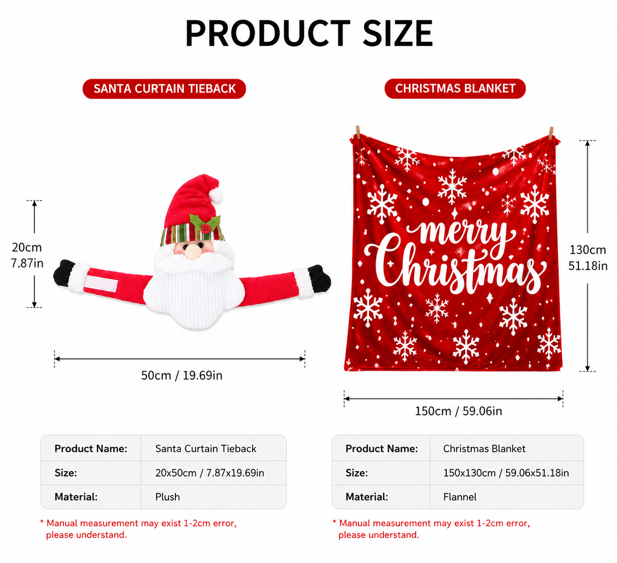 Christmas Flannel Throw Blanket and Santa Curtain Tieback Set, 150*130cm Thick Fleece Sofa Blanket with 2 Plush Santa Velcro Curtain Holders for Holiday Home Decor