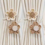 Beige-Brown Rustic Flower Curtain Tiebacks Set of 2, Handcrafted Fabric Daisy Curtain Holdbacks, No Drill Flexible Curtain Rope Buckles, Farmhouse Curtain Accessories for Sheer and Blackout Curtains