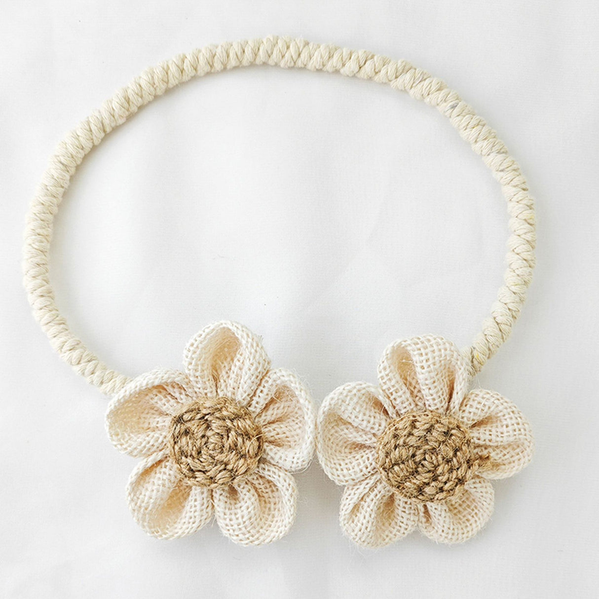 Beige Rustic Flower Curtain Tiebacks Set of 2, Handcrafted Fabric Daisy Curtain Holdbacks, No Drill Flexible Curtain Rope Buckles, Farmhouse Curtain Accessories for Sheer and Blackout Curtains