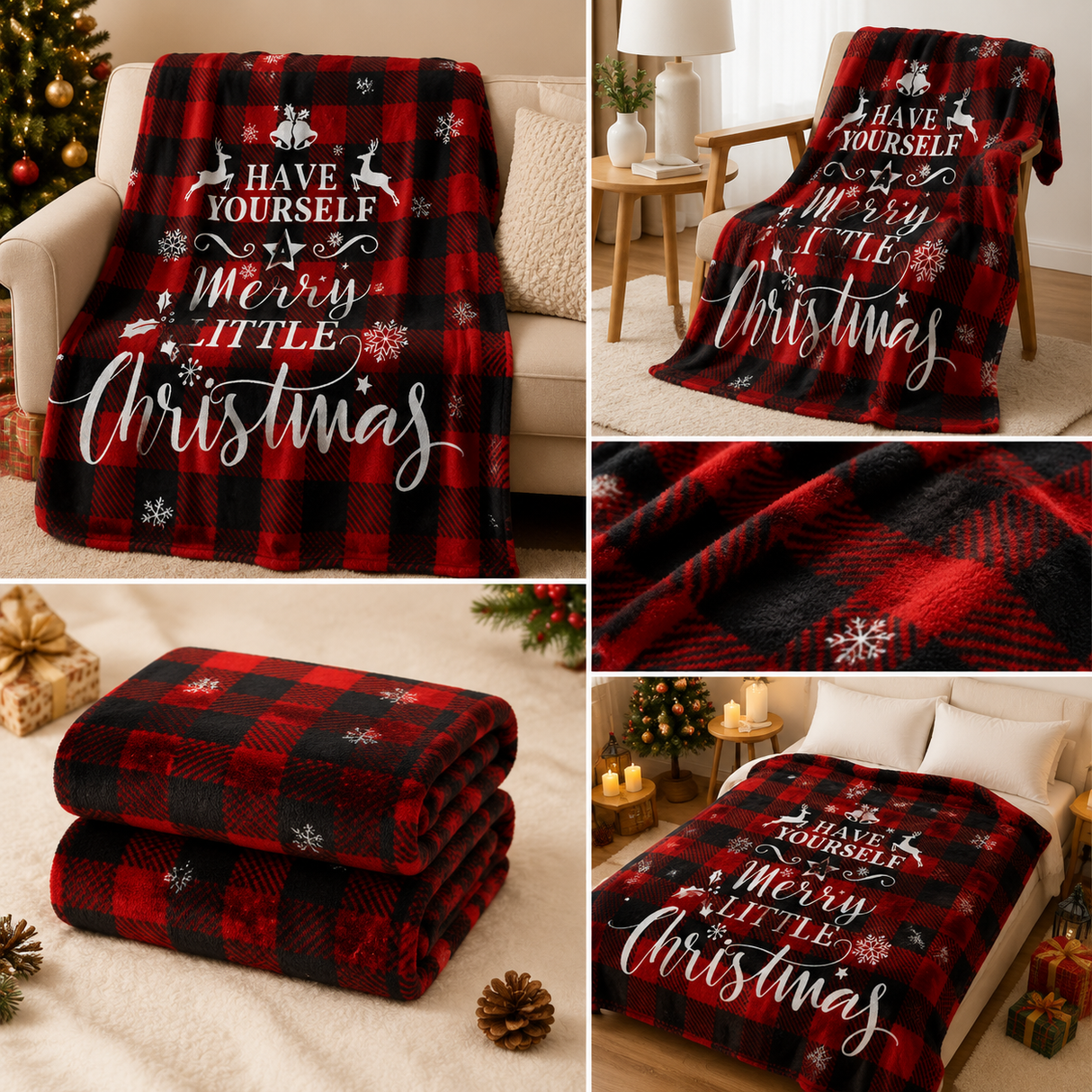 Christmas Home Comfort Set with Flannel Throw Blanket 130x150cm, Plush Indoor Slippers AU 6-7 and Santa Curtain Tiebacks, Cozy Holiday Gift Bundle