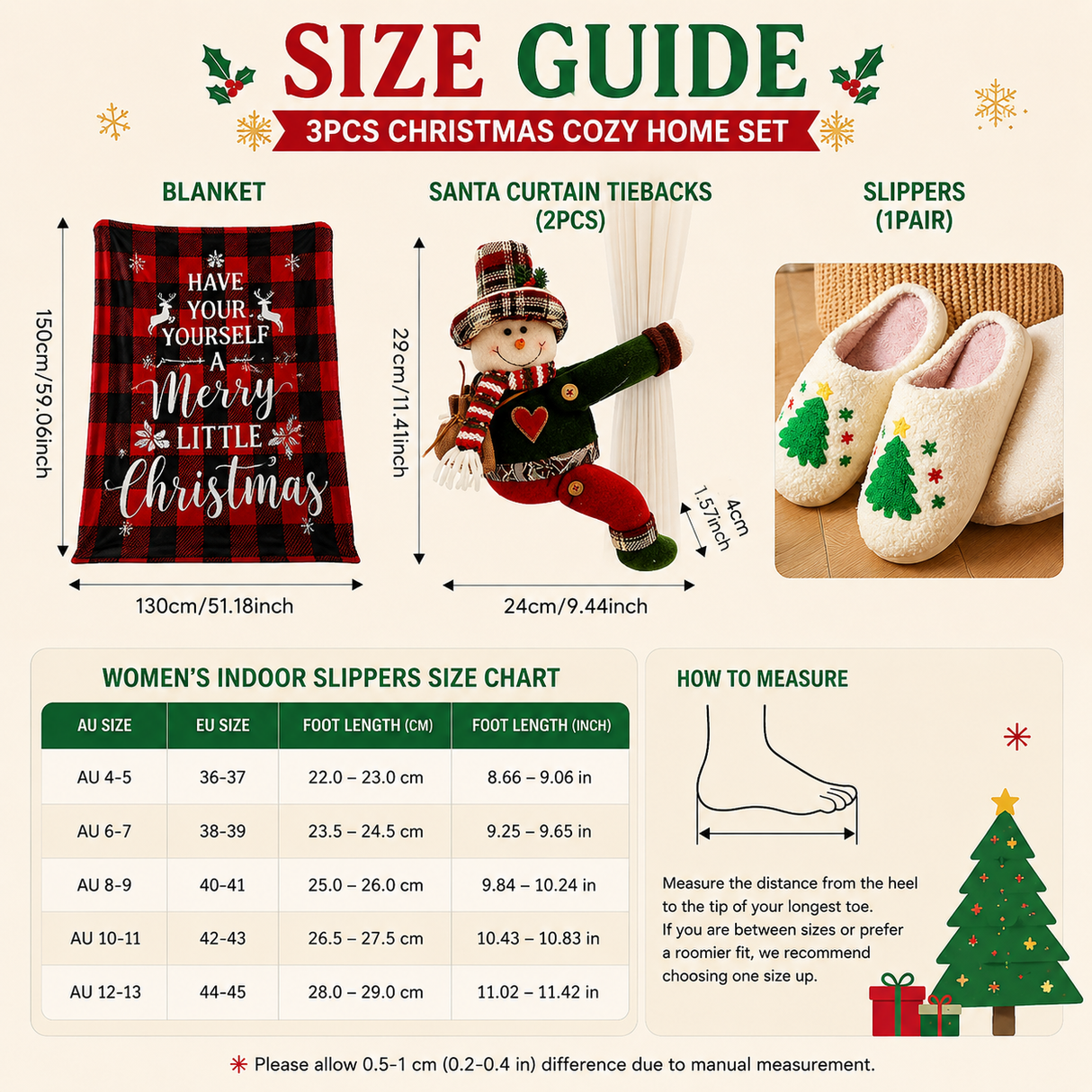 Christmas Home Comfort Set with Flannel Throw Blanket 130x150cm, Plush Indoor Slippers AU 6-7 and Santa Curtain Tiebacks, Cozy Holiday Gift Bundle