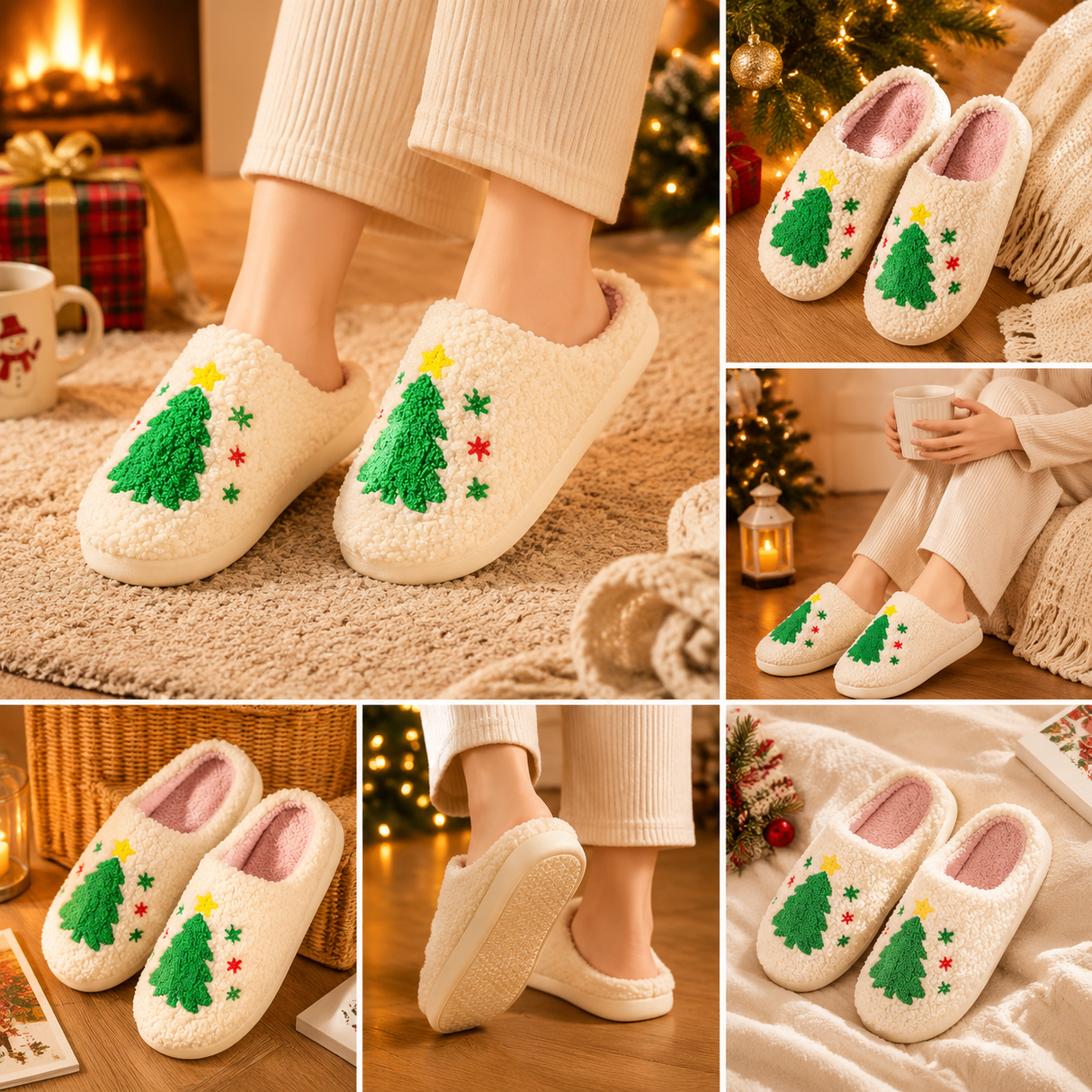 Christmas Home Comfort Set with Flannel Throw Blanket 130x150cm, Plush Indoor Slippers AU 8-9 and Santa Curtain Tiebacks, Cozy Holiday Gift Bundle