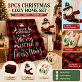 Christmas Home Comfort Set with Flannel Throw Blanket 130x150cm, Plush Indoor Slippers AU 10-11 and Santa Curtain Tiebacks, Cozy Holiday Gift Bundle