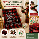 Christmas Home Comfort Set with Flannel Throw Blanket 130x150cm, Plush Indoor Slippers AU 4-5 and Snowman Curtain Tiebacks Set of 2, Festive Holiday Gift Bundle