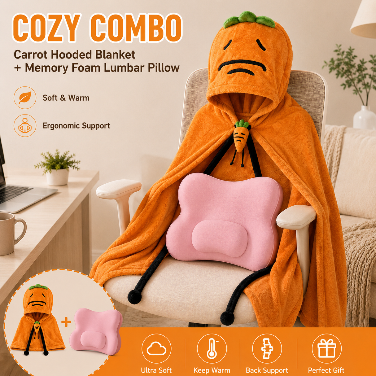 Carrot Hooded Blanket with Sakura Pink Memory Foam Lumbar Support Pillow, Cozy Wearable Throw Blanket and Ergonomic Back Cushion Set for Office, Home, Study and Relaxation