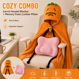 Carrot Hooded Blanket with Sakura Pink Memory Foam Lumbar Support Pillow, Cozy Wearable Throw Blanket and Ergonomic Back Cushion Set for Office, Home, Study and Relaxation