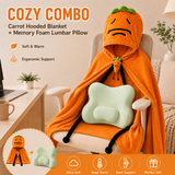 Carrot Hooded Blanket with Grey-green Memory Foam Lumbar Support Pillow, Cozy Wearable Throw Blanket and Ergonomic Back Cushion Set for Office, Home, Study and Relaxation