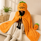 Carrot Hooded Blanket with Grey Memory Foam Lumbar Support Pillow, Cozy Wearable Throw Blanket and Ergonomic Back Cushion Set for Office, Home, Study and Relaxation