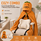 Carrot Hooded Blanket with Beige-grey Memory Foam Lumbar Support Pillow, Cozy Wearable Throw Blanket and Ergonomic Back Cushion Set for Office, Home, Study and Relaxation
