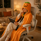Carrot Hooded Blanket with Beige-grey Memory Foam Lumbar Support Pillow, Cozy Wearable Throw Blanket and Ergonomic Back Cushion Set for Office, Home, Study and Relaxation - Front View