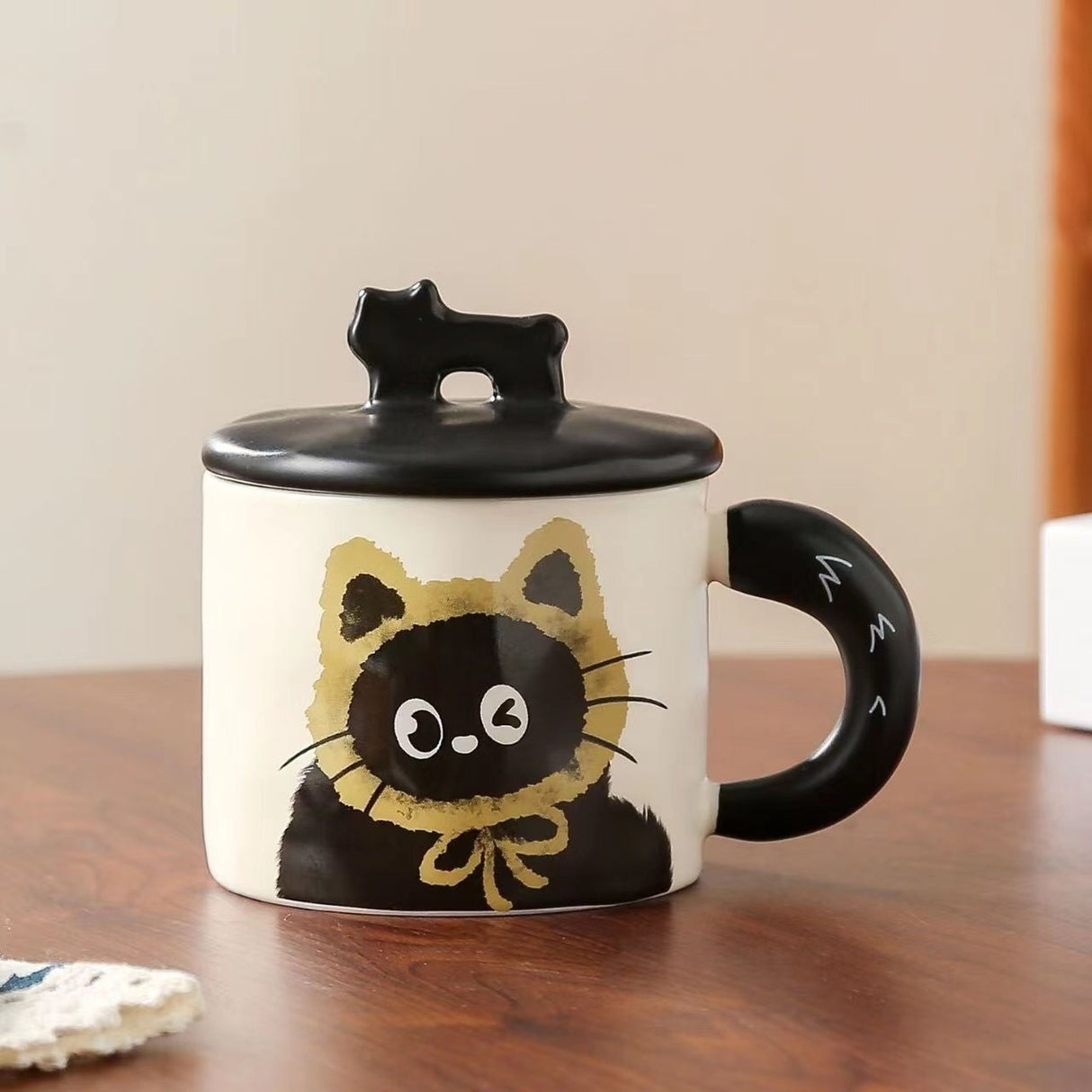 Yellow Cute Cat Ceramic Mug with Lid 360ml, Kawaii Coffee Cup Gift Set for Home Office Tea Cocoa and Hot Drinks