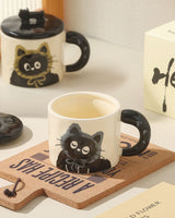 Blue Cute Cat Ceramic Mug with Lid 360ml, Kawaii Coffee Cup Gift Set for Home Office Tea Cocoa and Hot Drinks - Front View