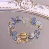 Blue Crystal Snowflake Charm Bracelet for Women, Elastic Beaded Christmas Gift Bracelet, Elegant Everyday Jewellery 13-15cm
