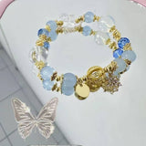 Blue Crystal Snowflake Charm Bracelet for Women, Elastic Beaded Christmas Gift Bracelet, Elegant Everyday Jewellery 13-15cm - Front View