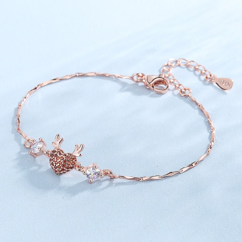 Rose Gold Reindeer Heart Bracelet for Women, Christmas Deer Antler Charm Jewellery, Adjustable Festive Gift Bracelet