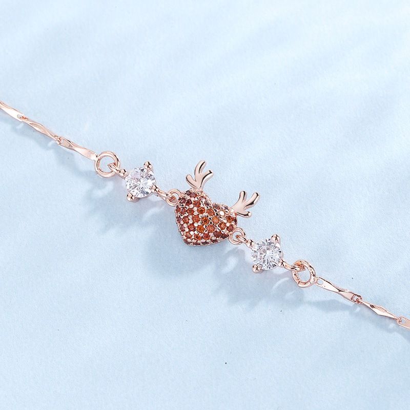 Rose Gold Reindeer Heart Bracelet for Women, Christmas Deer Antler Charm Jewellery, Adjustable Festive Gift Bracelet