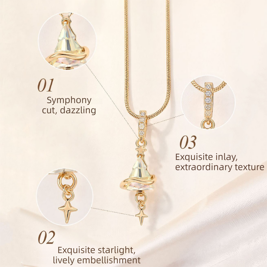 Crystal Star Witch Hat Pendant Necklace for Women, Gold Plated Celestial Charm Choker Jewellery Gift