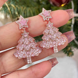 Pink Christmas Tree Star Drop Earrings for Women, Sparkling Rhinestone Holiday Party Jewellery Gift - Side View