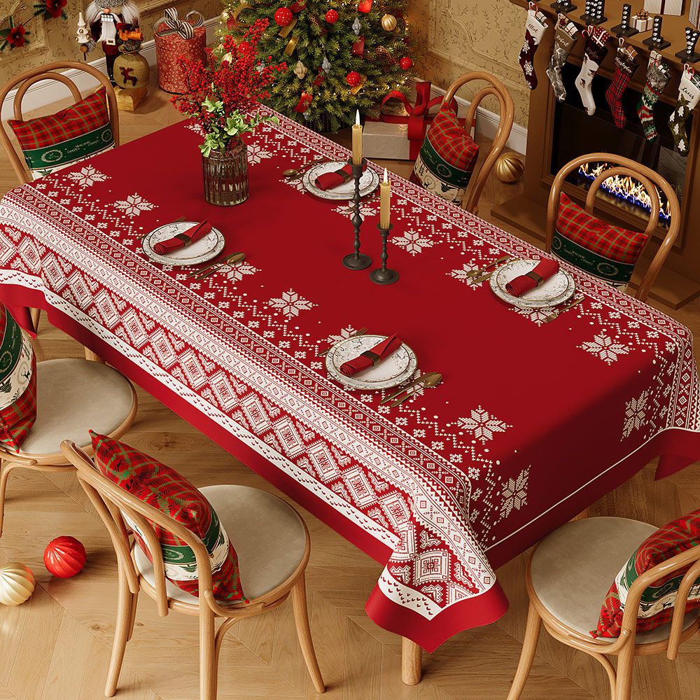 Christmas Waterproof Tablecloth (Snowflake pattern)140 x 180cm Festive Holiday Dining Table Cover Oil-Resistant Wipe Clean Christmas Home Decoration