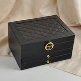 Black Large Lockable Jewellery Box with 3 Drawers PU Leather Jewellery Organiser Case for Rings Earrings Necklaces Watches and Bracelets - Front View
