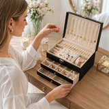 Black Large Lockable Jewellery Box with 3 Drawers PU Leather Jewellery Organiser Case for Rings Earrings Necklaces Watches and Bracelets - Side View