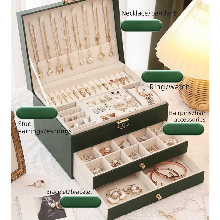 Black Large Lockable Jewellery Box with 3 Drawers PU Leather Jewellery Organiser Case for Rings Earrings Necklaces Watches and Bracelets