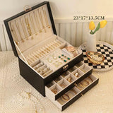 Black Large Lockable Jewellery Box with 3 Drawers PU Leather Jewellery Organiser Case for Rings Earrings Necklaces Watches and Bracelets - Close-Up Angle