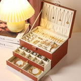 Brown Large Lockable Jewellery Box with 3 Drawers PU Leather Jewellery Organiser Case for Rings Earrings Necklaces Watches and Bracelets - Front View