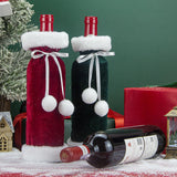 2 Pack (Red+Green) Christmas Velvet Wine Bottle Covers with Faux Fur Trim Reusable Wine Bottle Gift Bags for Holiday Table Decor and Christmas Party Decorations - 45-Degree Angle