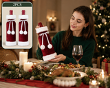 2 Pack Red Christmas Velvet Wine Bottle Covers with Faux Fur Trim Reusable Wine Bottle Gift Bags for Holiday Table Decor and Christmas Party Decorations - Front View