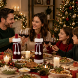 2 Pack Red Christmas Velvet Wine Bottle Covers with Faux Fur Trim Reusable Wine Bottle Gift Bags for Holiday Table Decor and Christmas Party Decorations - Side View