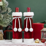 2 Pack Red Christmas Velvet Wine Bottle Covers with Faux Fur Trim Reusable Wine Bottle Gift Bags for Holiday Table Decor and Christmas Party Decorations - Top-Down View
