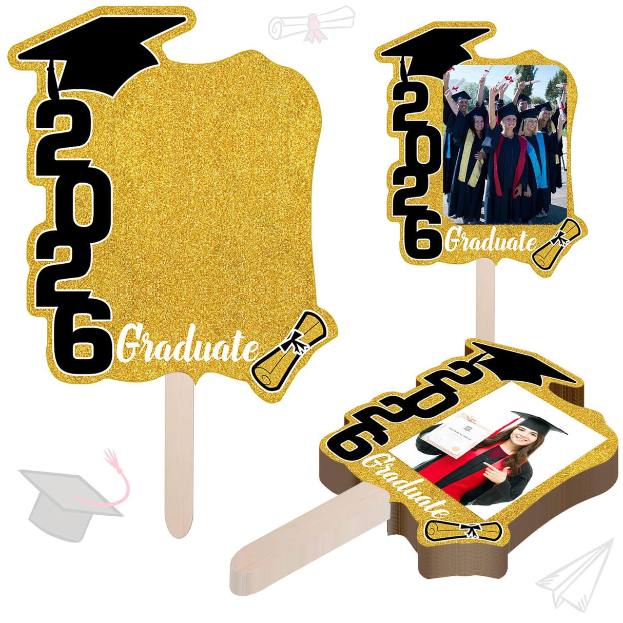 Graduate Photo Frame Fan Prop for Graduation Party (12pcs Gold), Personalized 4x6 Inch Photo Holder, Senior Photo Party Decor