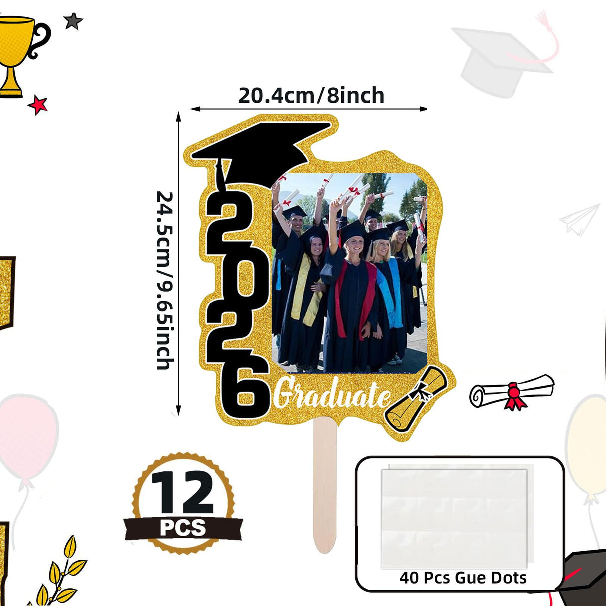 Graduate Photo Frame Fan Prop for Graduation Party (12pcs Gold), Personalized 4x6 Inch Photo Holder, Senior Photo Party Decor
