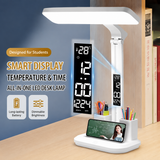LED Desk Lamp with Digital Clock Temperature Display Pen Holder and Phone Stand Foldable Eye Caring Study Reading Light for Students Home Office - Side View