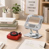 Study Focus Timer (red) and Foldable Metal Tablet Stand (Silver) Set, Mechanical Countdown Timer with Adjustable Aluminium Alloy Device Holder - Front View