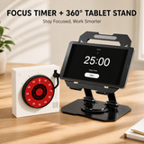 Study Focus Timer (White) and Foldable Metal Tablet Stand (Black) Set, Mechanical Countdown Timer with Adjustable Aluminium Alloy Device Holder