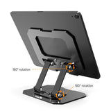 Black Adjustable Aluminium Alloy Tablet Stand with 360° Rotation, Foldable Metal Desk Holder for iPad, Tablets, E-Readers and Smartphones - 45-Degree Angle