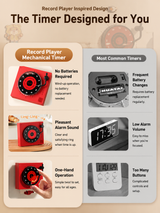 White Record Player Mechanical Timer Magnet Timer for Study, Productivity and Time Management, Wind-Up Countdown Alarm, No Battery Required, Pomodoro Timer
