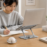 360° Rotating Laptop Stand(Silver) & Magnetic Mechanical Timer(Beige) Set - Ergonomic Cooling Desk Organizer for Study, Cooking & Productivity - Front View