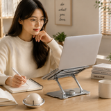 360° Rotating Laptop Stand(Silver) & Magnetic Mechanical Timer(Beige) Set - Ergonomic Cooling Desk Organizer for Study, Cooking & Productivity - Side View