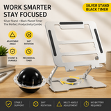 360° Rotating Laptop Stand(Silver) & Magnetic Mechanical Timer(Black) Set - Ergonomic Cooling Desk Organizer for Study, Cooking & Productivity - Front View