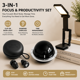 Black 3-in-1 Focus & Productivity Set: Magnetic Mechanical Timer, Noise-Reducing Earplugs & Rechargeable Clip-On LED Reading Light
