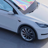 Car windshield sun visor, 55.1 x 27.6 inches, foldable windshield sun visor, UV protection, heat insulation, titanium silver sun visor cover. - Side View