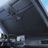 Car windshield sun visor, 55.1 x 27.6 inches, foldable windshield sun visor, UV protection, heat insulation, titanium silver sun visor cover. - Top-Down View
