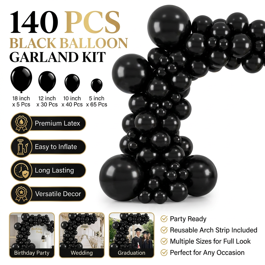 140PCS Black Balloon Garland Kit Latex Balloon Arch Set for Birthday Wedding Party Decoration Black Party Balloon Arch Kit with Multiple Sizes